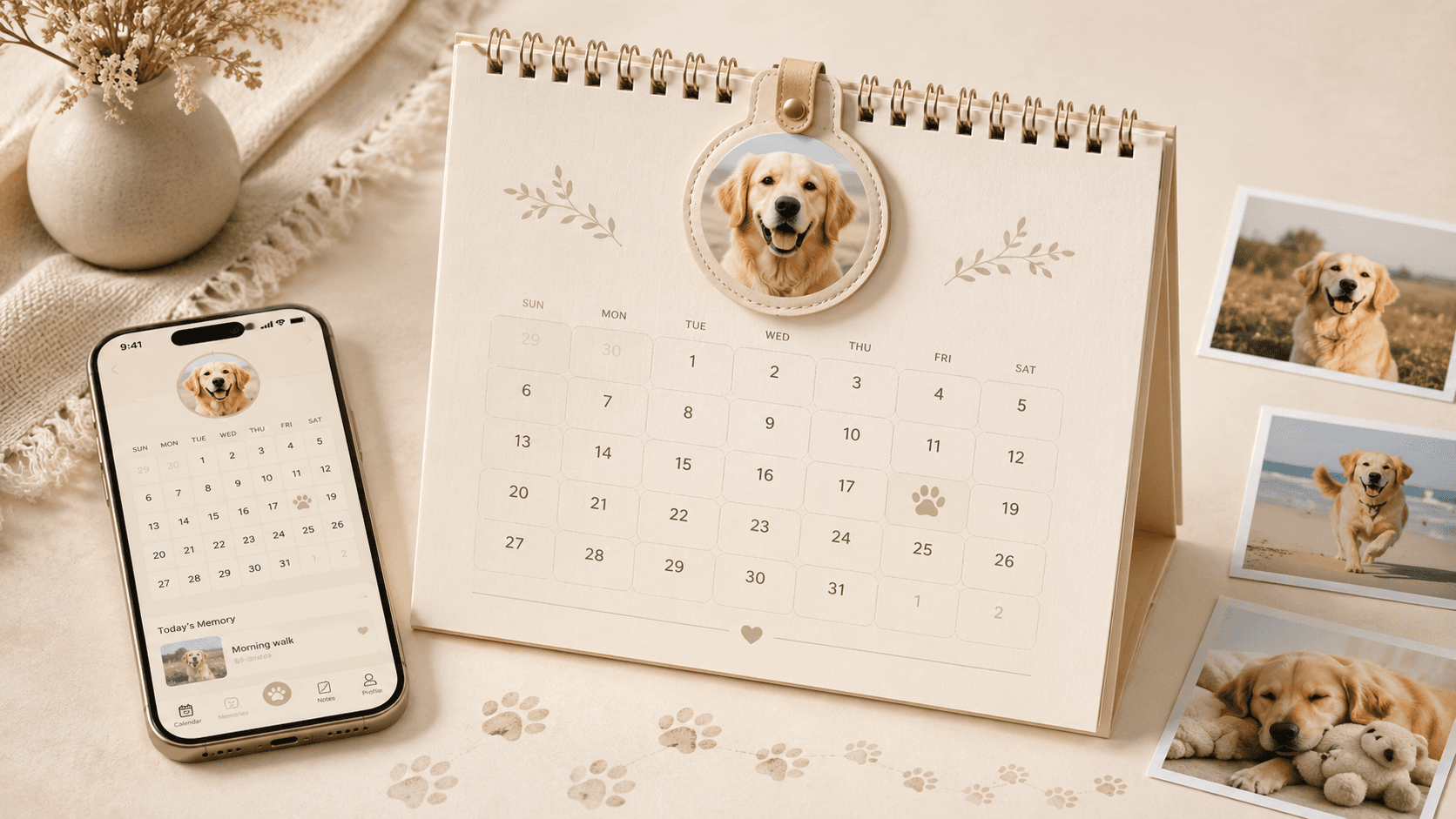 Pawendarの名前の意味を表すカレンダーと犬写真のビジュアル